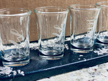 Load image into Gallery viewer, Resin shot glass tray w/ 4 etched shot glasses & 4 personalized coasters