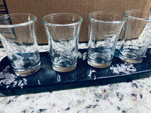 Load image into Gallery viewer, Resin shot glass tray w/ 4 etched shot glasses &amp; 4 personalized coasters