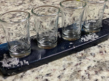 Load image into Gallery viewer, Resin shot glass tray w/ 4 etched shot glasses &amp; 4 personalized coasters