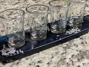 Resin shot glass tray w/ 4 etched shot glasses & 4 personalized coasters