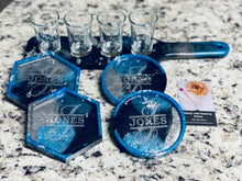 Load image into Gallery viewer, Resin shot glass tray w/ 4 etched shot glasses &amp; 4 personalized coasters