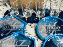 Load image into Gallery viewer, Resin shot glass tray w/ 4 etched shot glasses &amp; 4 personalized coasters