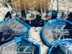 Resin shot glass tray w/ 4 etched shot glasses & 4 personalized coasters